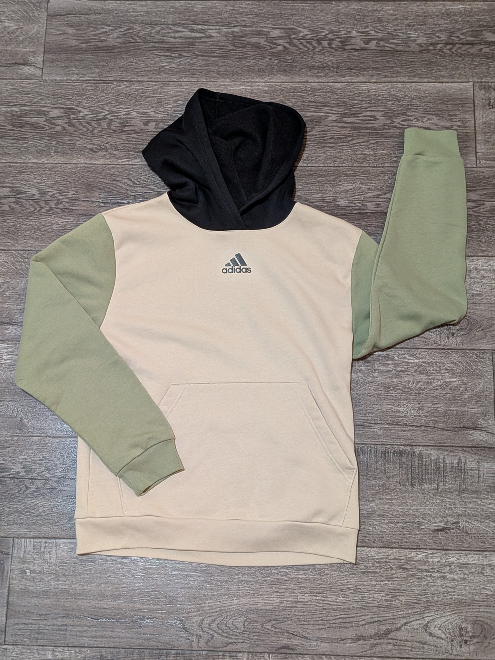 adidas Boys Youth Colorblock Fleece Pullover Hoodie Tan Green Black XL 18/20